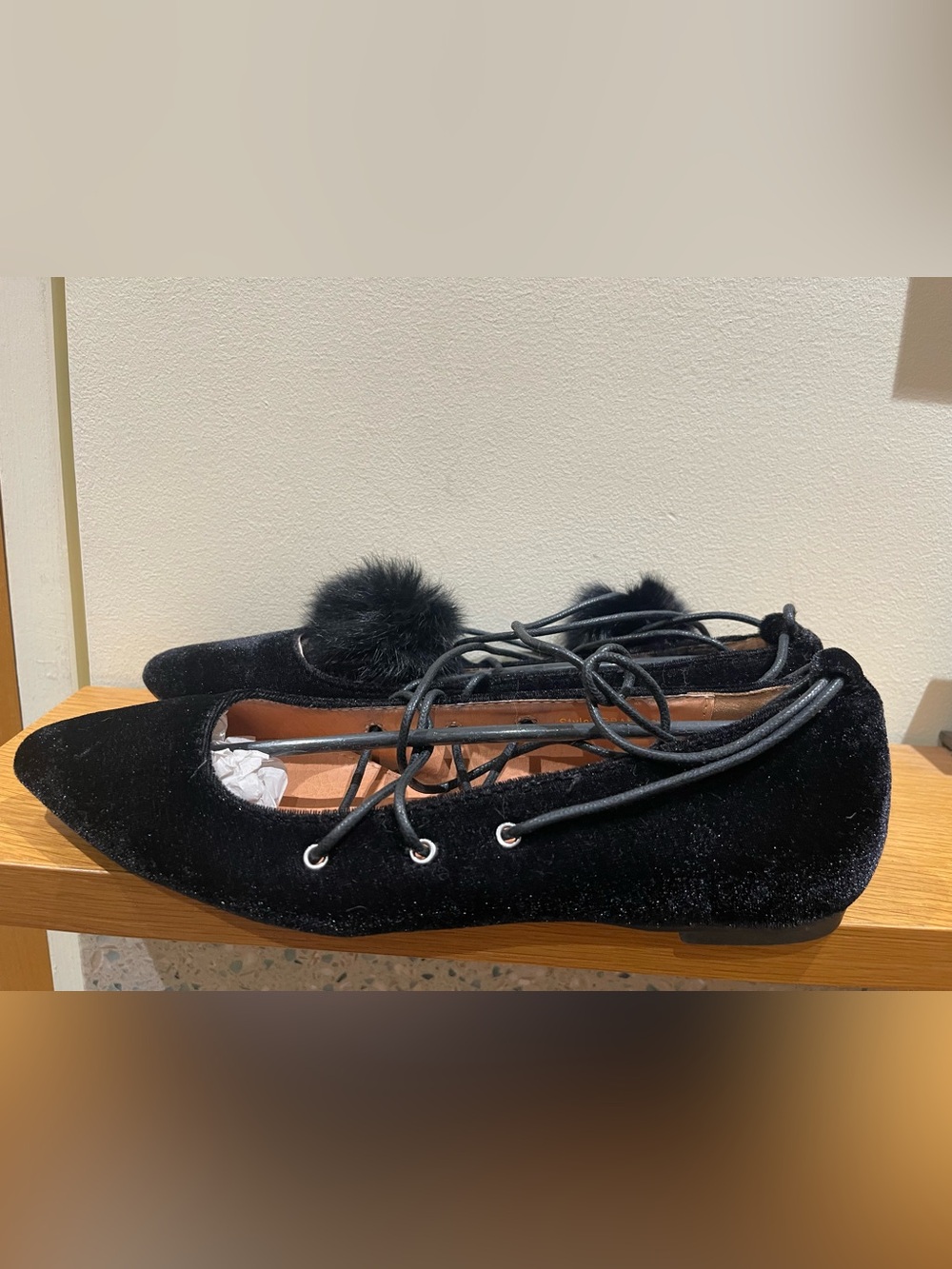 Velour ballerina flats with pompom ties Size 9